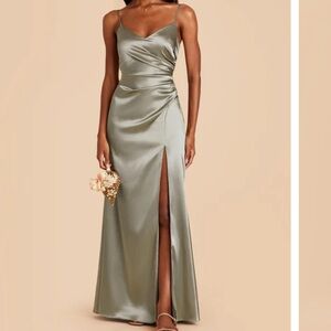 Birdy Grey CATHERINE DRESS SHINY SATIN MOSS GREEN Formal V-Neck Dress